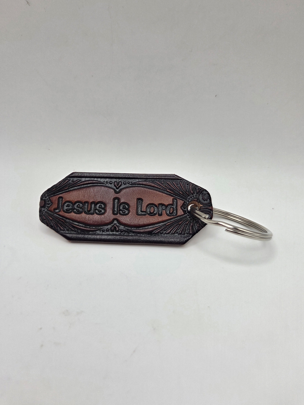 Embossed Leather 'Jesus Is Lord' Keychain - Brown and Black